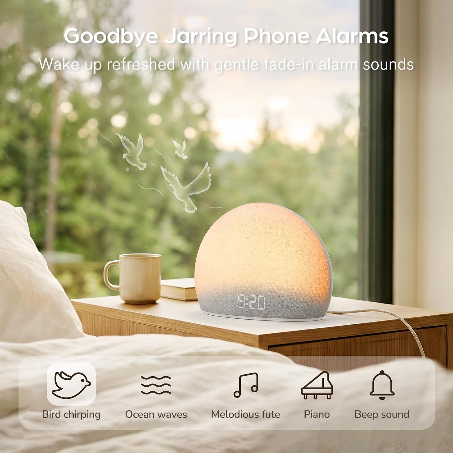 Sunrise Alarm Clock with White Noise Sound Machine for Bedroom | Wake-Up Light, 5 Gentle Alarm Sounds, 20 Soothing Sleep Sounds, Dimmable Display, Phone-Free Bedside Clock