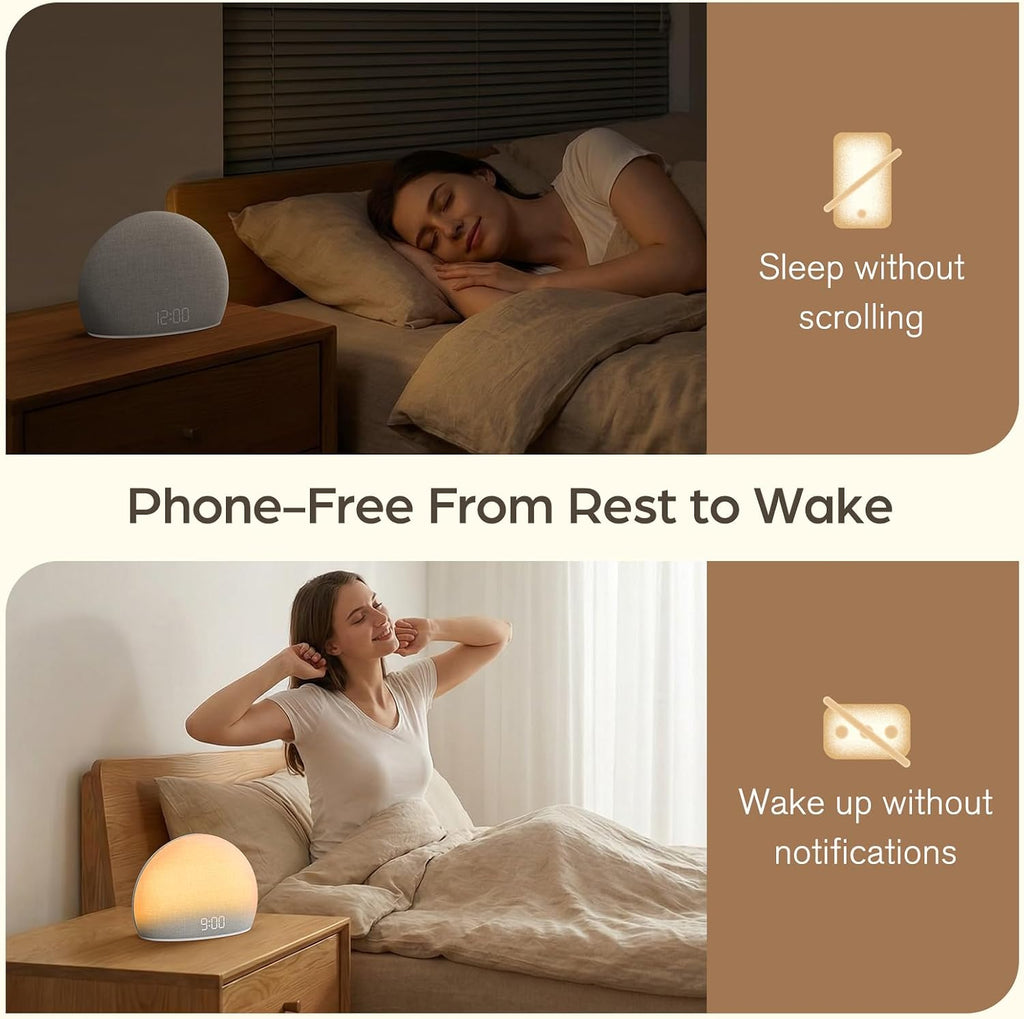 Sunrise Alarm Clock with White Noise Sound Machine for Bedroom | Wake-Up Light, 5 Gentle Alarm Sounds, 20 Soothing Sleep Sounds, Dimmable Display, Phone-Free Bedside Clock