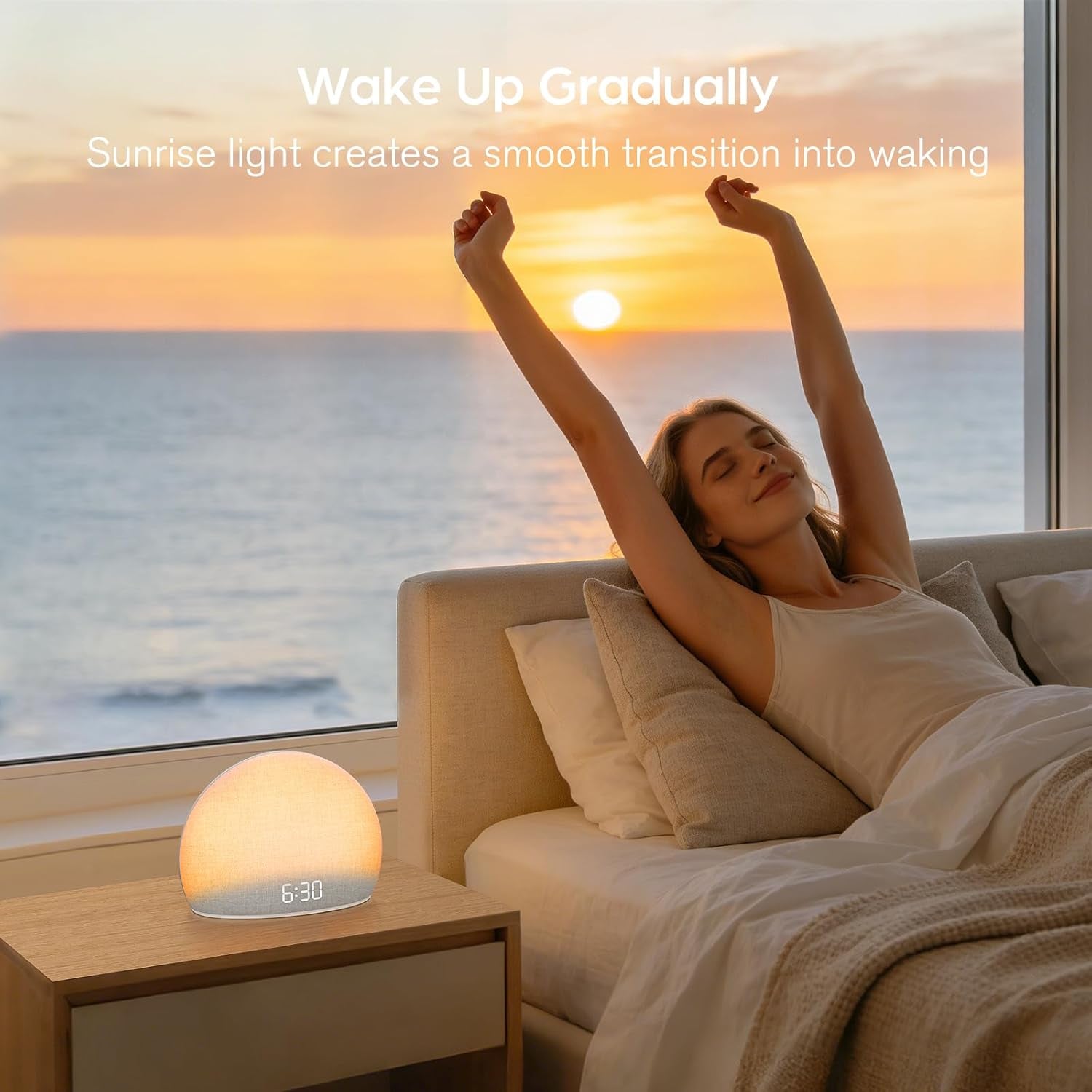 Sunrise Alarm Clock with White Noise Sound Machine for Bedroom | Wake-Up Light, 5 Gentle Alarm Sounds, 20 Soothing Sleep Sounds, Dimmable Display, Phone-Free Bedside Clock