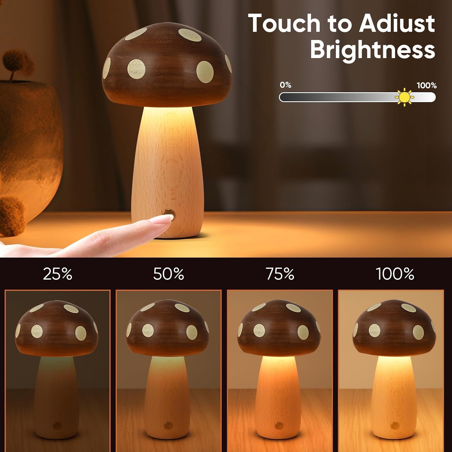 2pk Rechargeable LED Wood Mushroom  Table Lamp