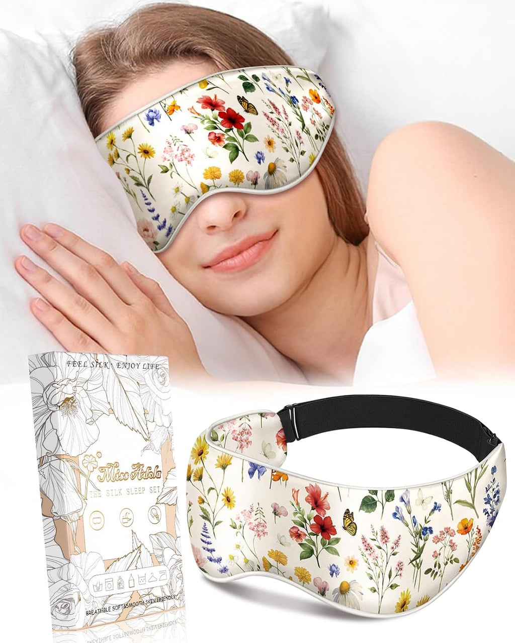 Silk Weighted Eye Mask - Microwave Eye Mask Heat and Cold Warm Compress for Sleeping Dry Eyes Pillow Soft Smooth Lavender Mulberry Silk Sleep Mask for Women Wife Mom - Flower