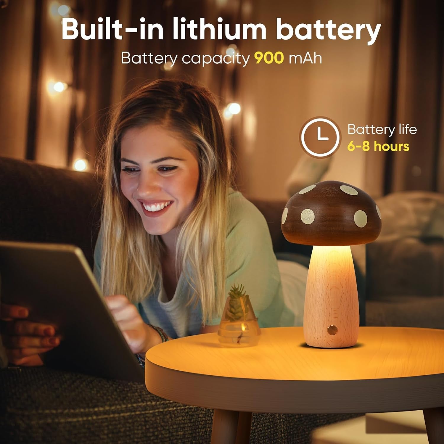 2pk Rechargeable LED Wood Mushroom  Table Lamp