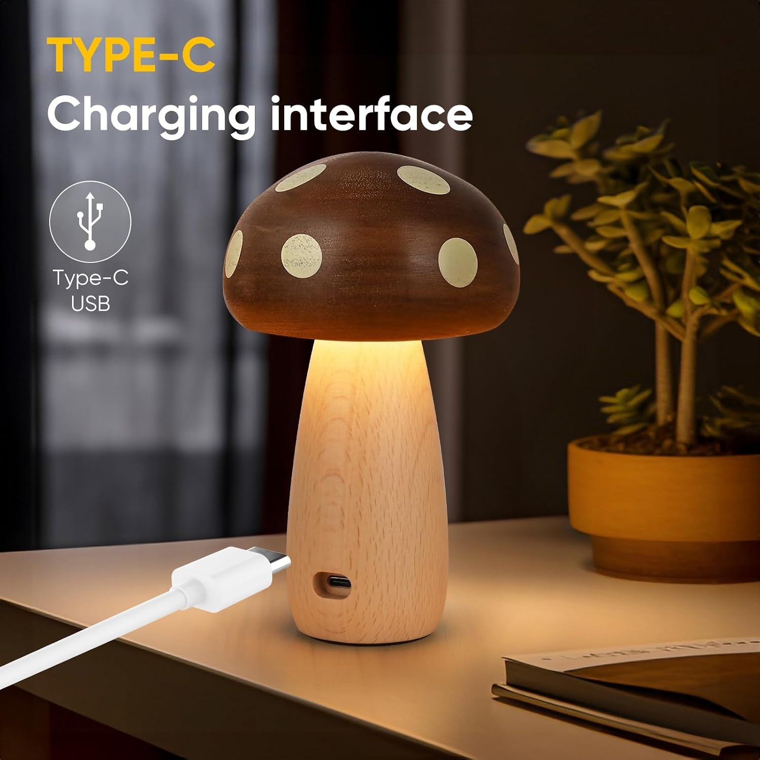 2pk Rechargeable LED Wood Mushroom  Table Lamp