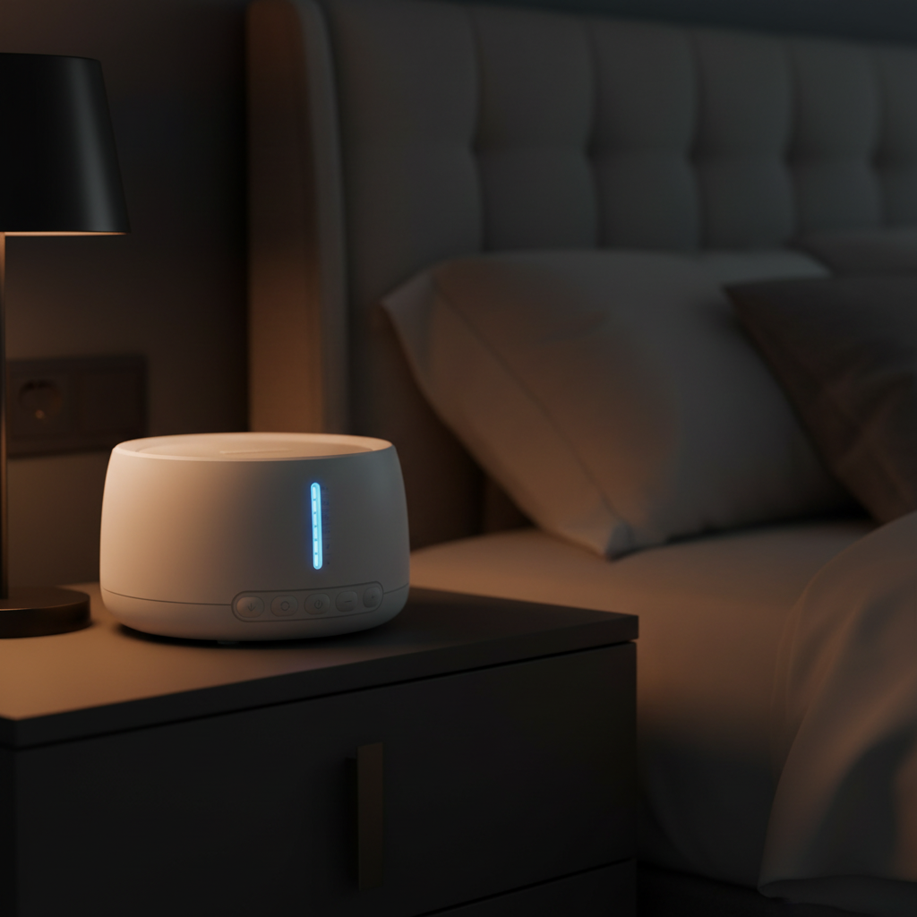 White Noise Sleep Aid Machine on dark nightstand with amber lighting